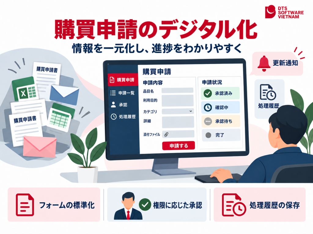 ローコードを活用して購買申請をデジタル化し、申請フォームの標準化、承認状況の追跡、処理履歴の保存を実現する活用例。
