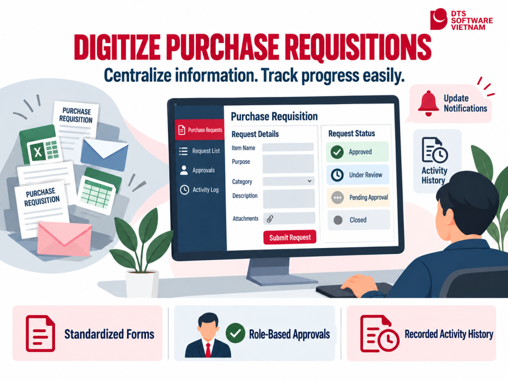 An illustration of a low-code application digitizing purchase requisitions through standardized forms, approval tracking, and processing history.