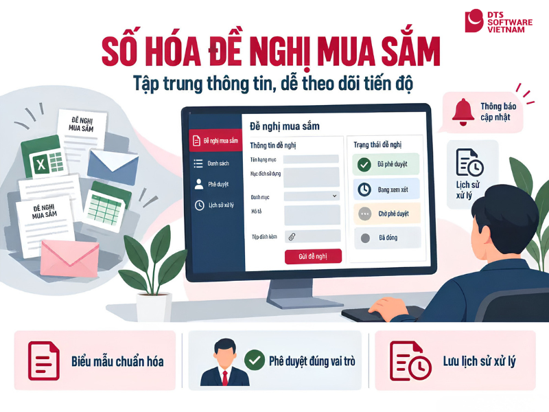 Minh họa ứng dụng low-code số hóa đề nghị mua sắm với biểu mẫu chuẩn hóa, theo dõi phê duyệt và lưu lịch sử xử lý.